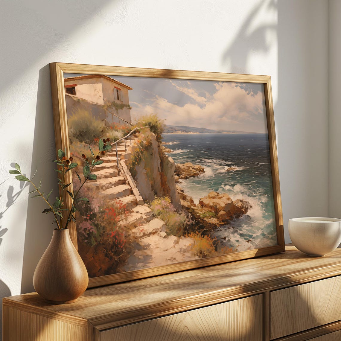 Cliffside Cottage With Stone Steps To Rocky Shore Blue Sea Poster - Image 4