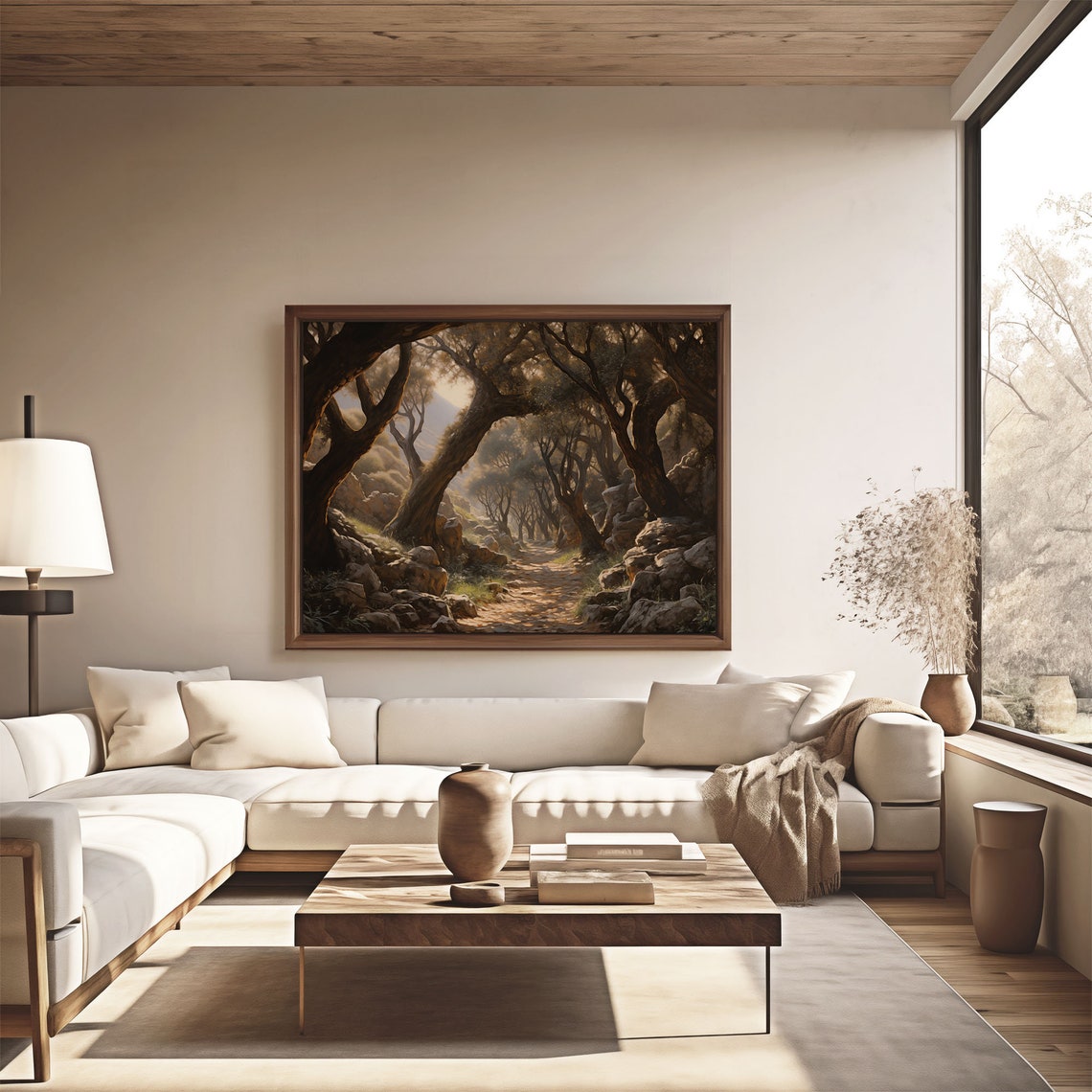 Ancient Twisted Oak Trees Sunlit Rocky Path Oil Painting Poster - Image 4