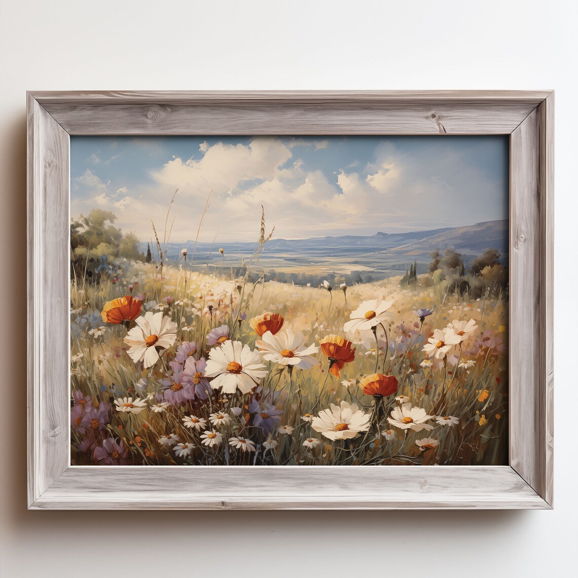 White Daisy Orange Poppy Wildflower Meadow Hills Oil Painting Poster