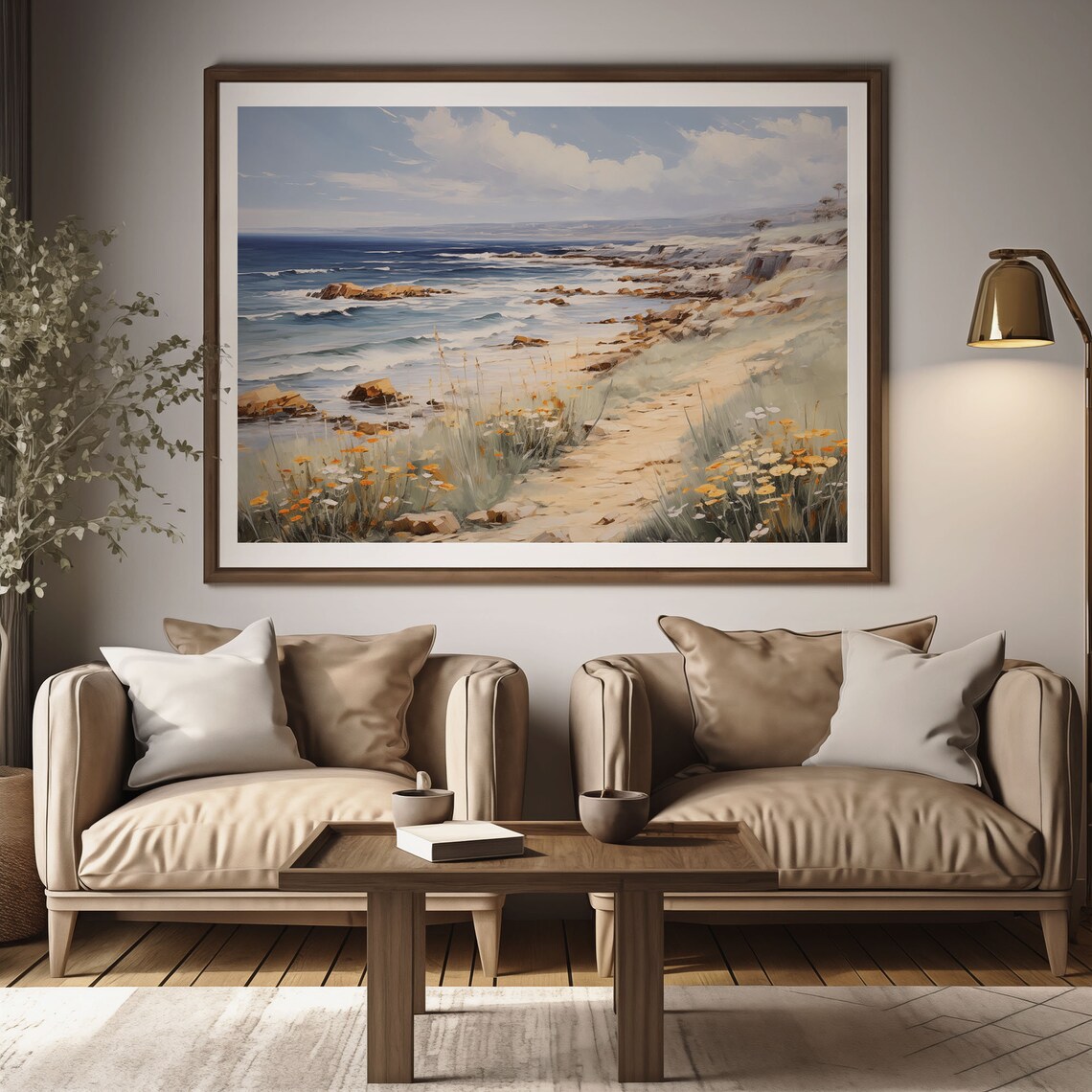 Rocky Coastline Sandy Path Wildflower Ocean View Oil Painting Poster - Image 2