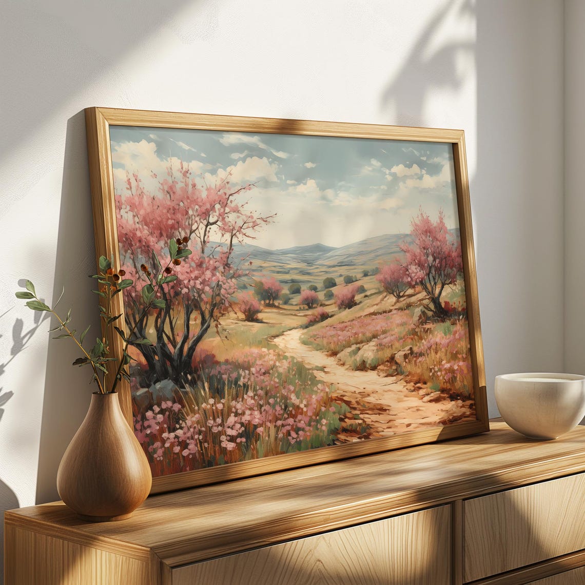 Blossoming Almond Tree Hillside Spring Landscape Pink Flower Poster - Image 4