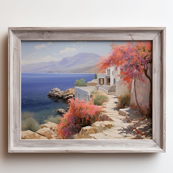 Stone Stairway to Deep Blue Sea with Villa Oil Painting Poster