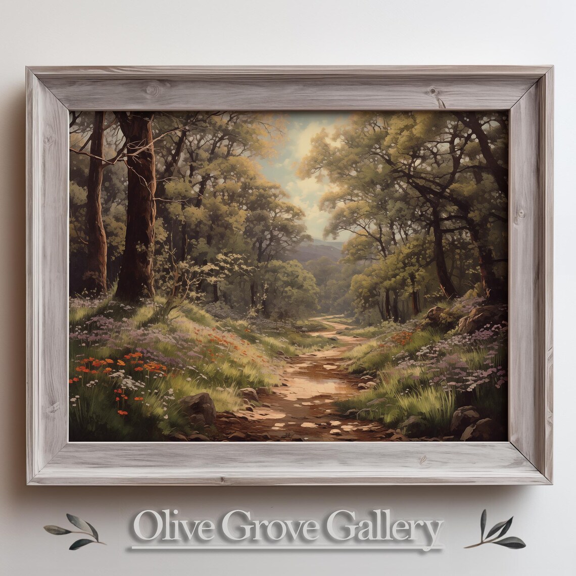 Sunlit Woodland Trail With Wildflowers Under Tall Oaks Vintage Poster