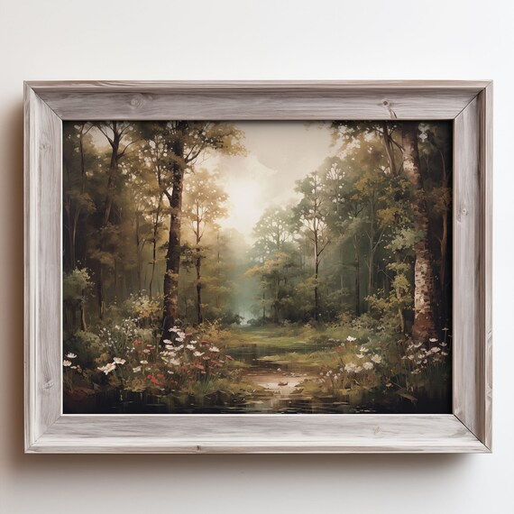 Sunlit Forest Wildflower Path Soft Green Woodland Oil Painting Poster