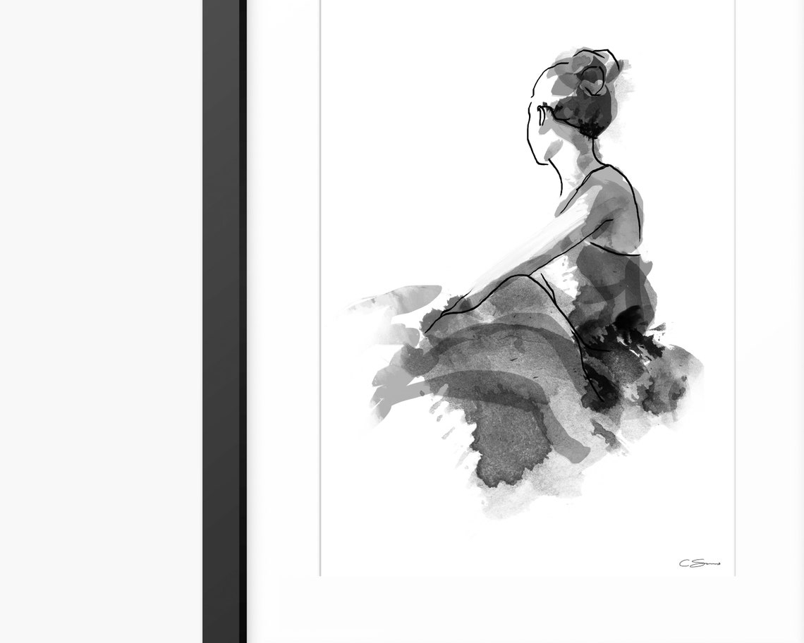 Seated Ballerina Black And White Watercolor Dance Figure Poster - Image 2