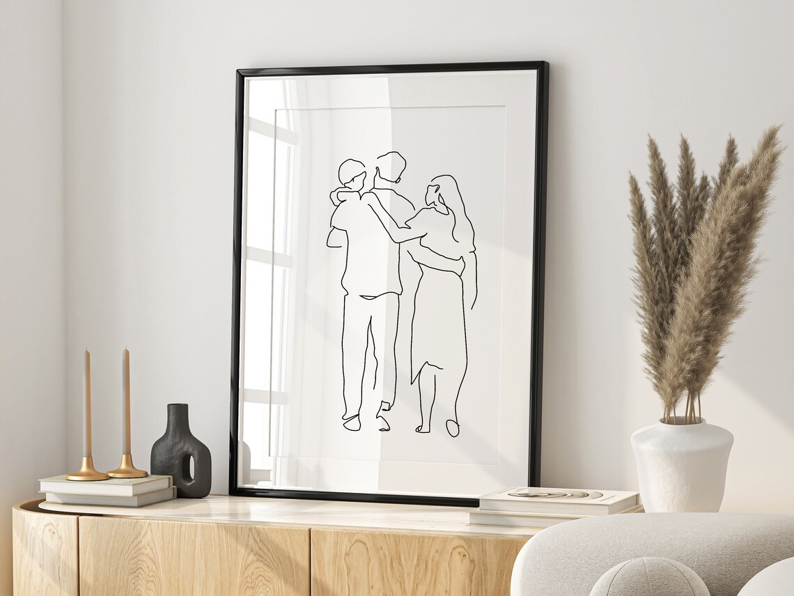 Family of Three Sharing a Warm Embrace Line Art Portrait Poster - Image 2