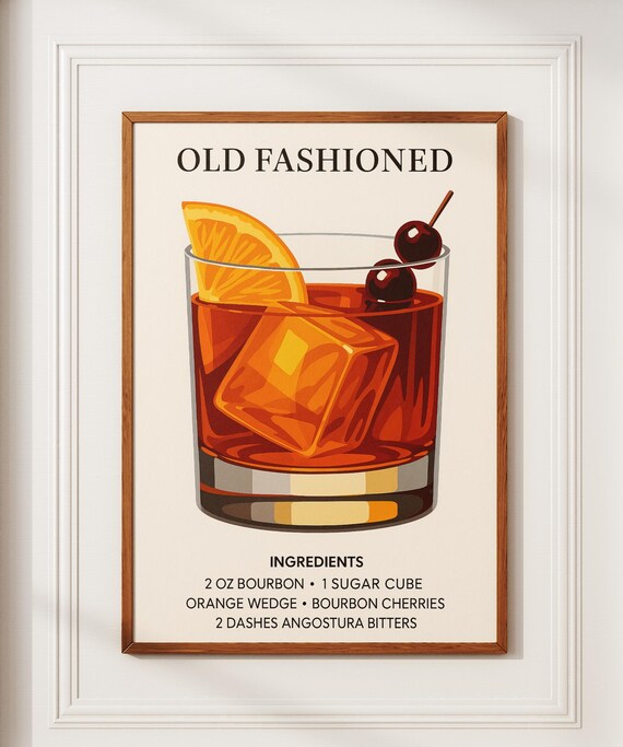 Old Fashioned Bourbon Cocktail Recipe Ingredients Kitchen Bar Wall Poster