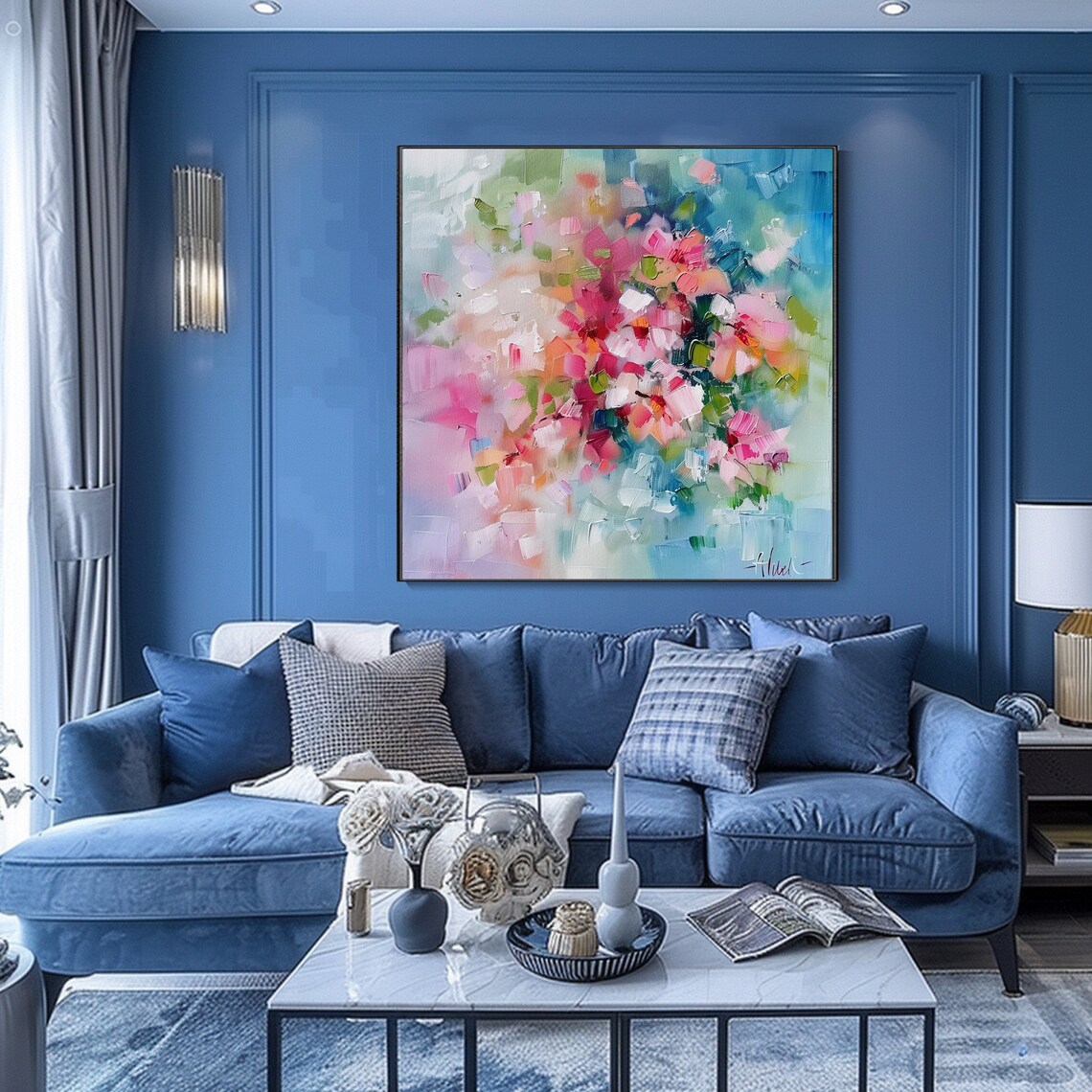 Pink Peony Blossom Abstract Blue Floral Oil Painting Art Poster - Image 2