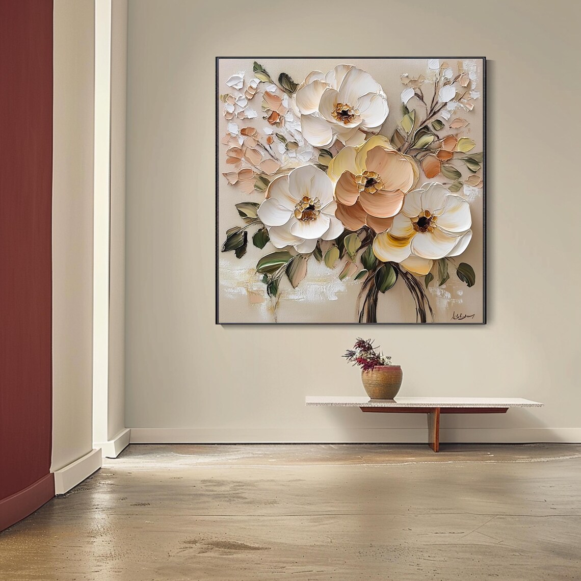 Cream Peony Blossom Bouquet Beige Textured Floral Elegant Wall Art - Image 4