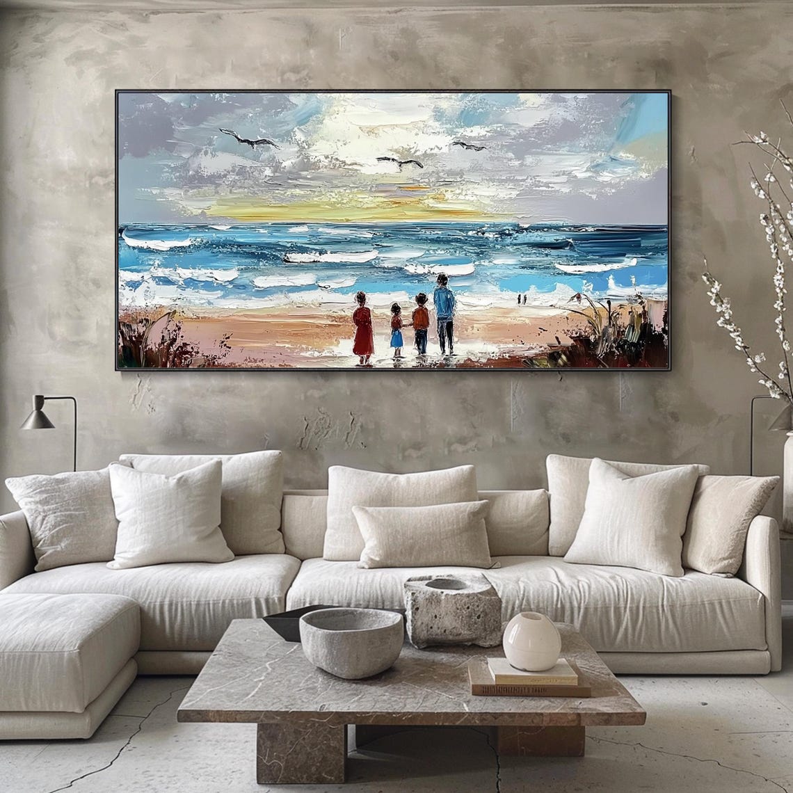 Family Beach Walk Silhouettes Watching Ocean Sunset Impasto Wall Art - Image 3