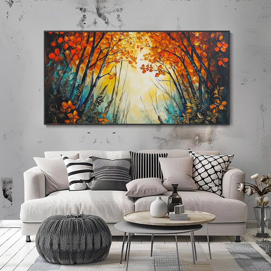 Dramatic Autumn Forest Orange Canopy Glowing Light Textured Wall Art - Image 3
