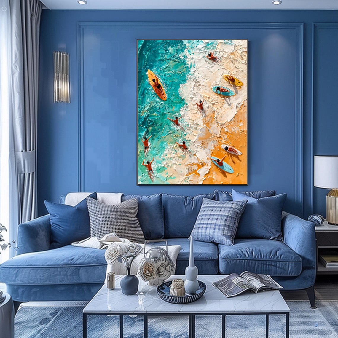Aerial Surfers Riding Turquoise Waves Golden Sand Impasto Wall Art - Image 3