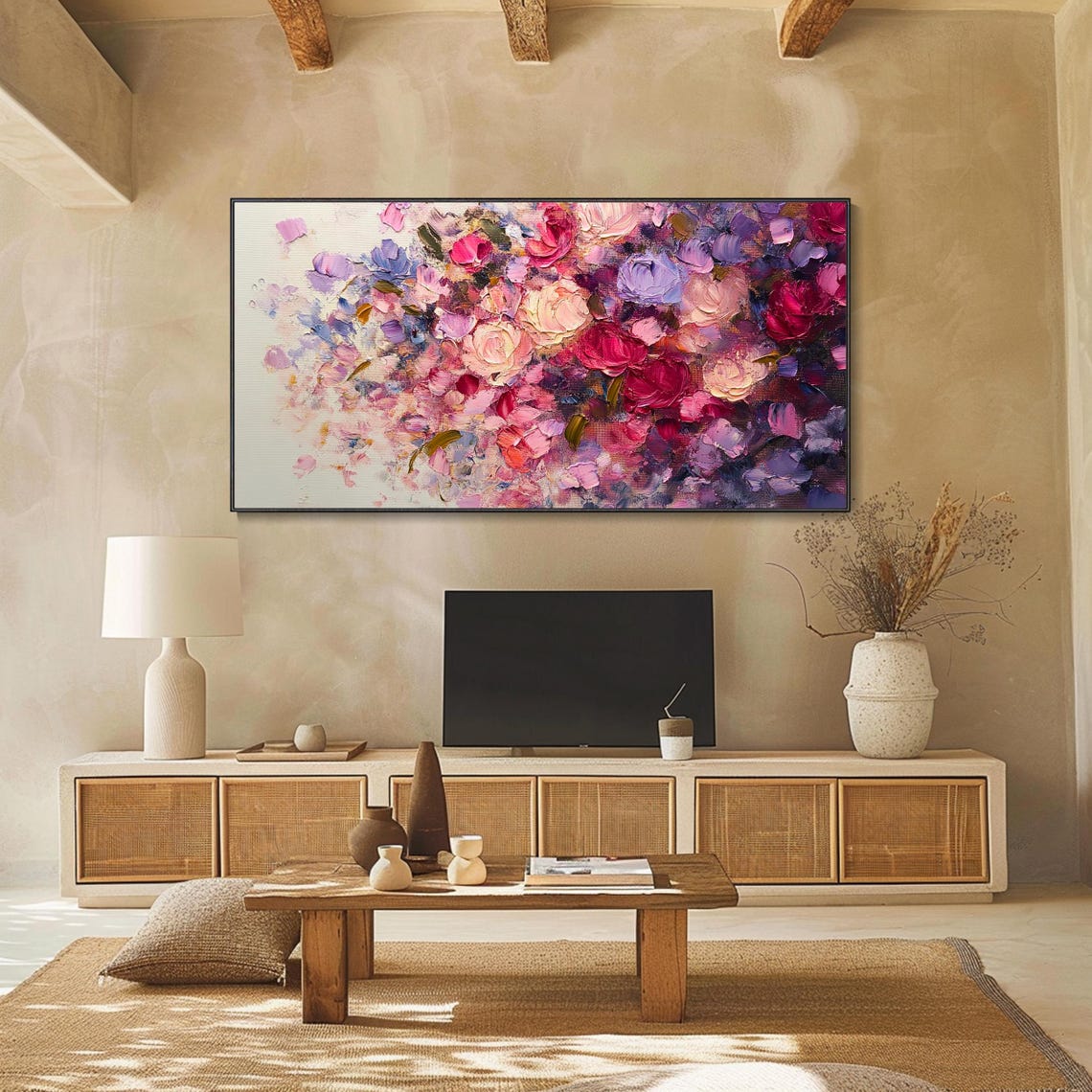 Lush Cascading Pink Purple Rose Blossoms Cream Floral Art Poster - Image 2
