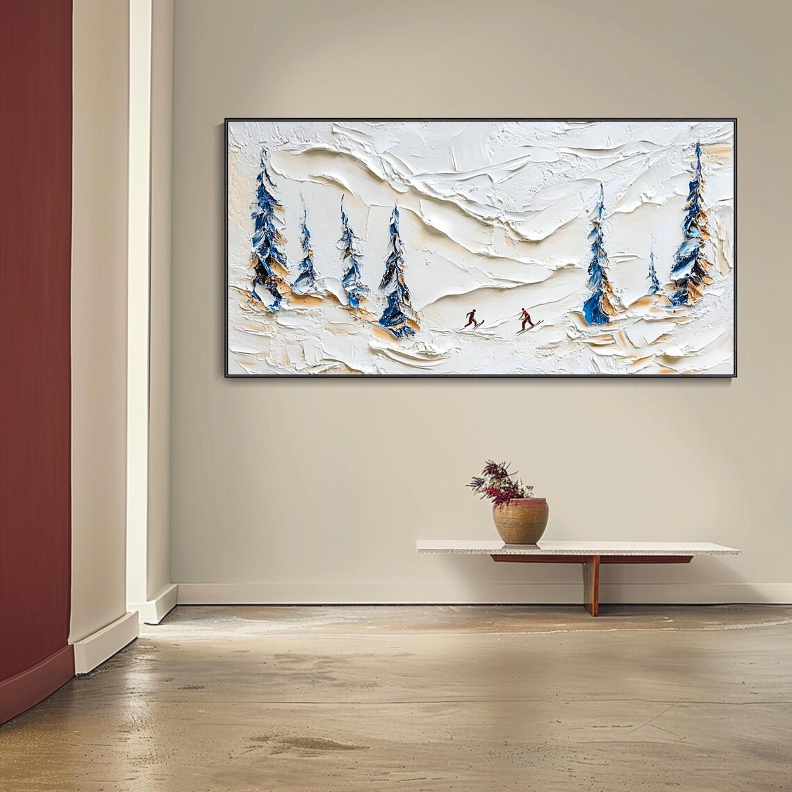 Skiers on Snowy Mountain Pines White Textured Winter Ski Art Poster - Image 4