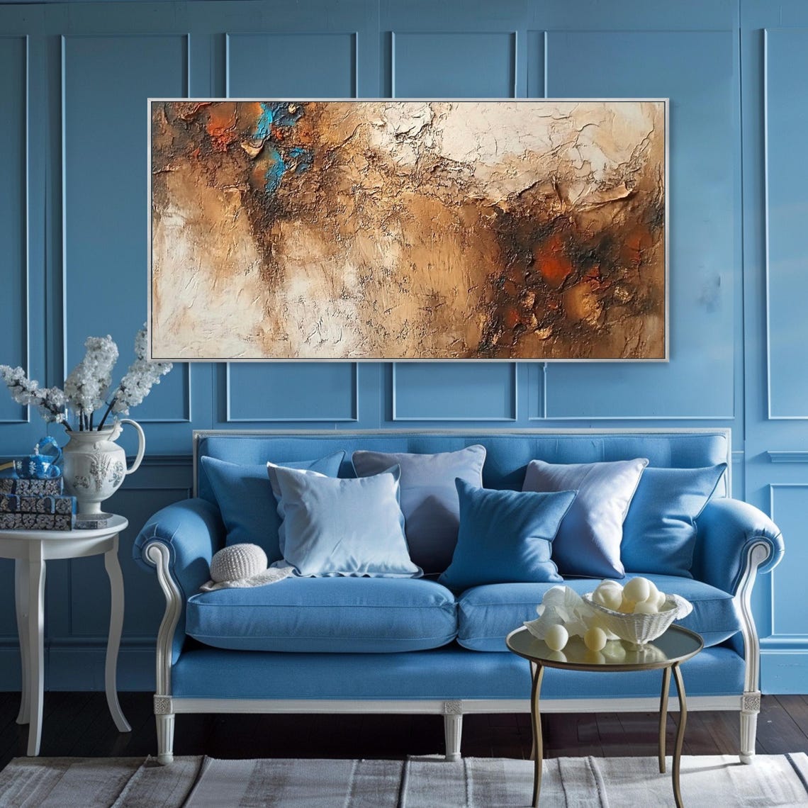 Earthy Gold Brown Abstract Impasto Texture Turquoise Accent Wall Art - Image 3