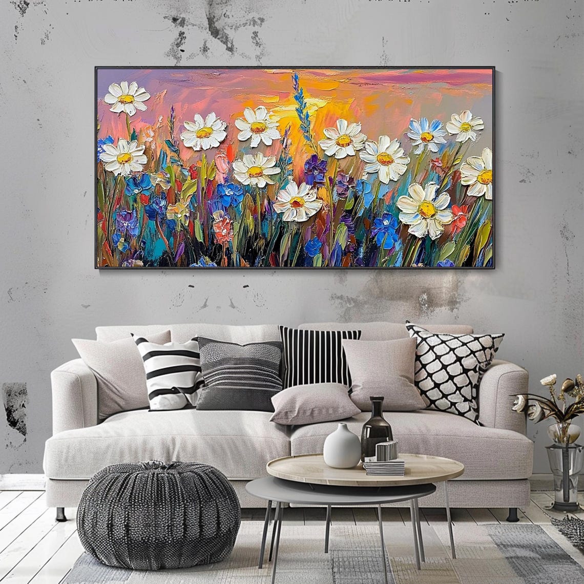 White Daisy Wildflowers Sunset Sky Colorful Meadow Bloom Wall Art - Image 2