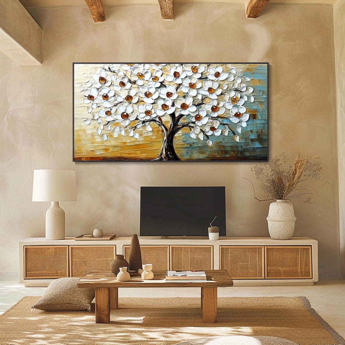 White Blossom Tree Full Bloom Golden Blue Textured Spring Wall Art - Image 2