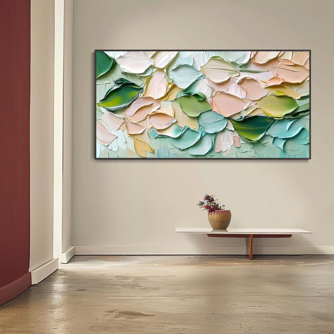 Soft Pastel Abstract Petals Peach Mint Sage Palette Knife Wall Art - Image 4