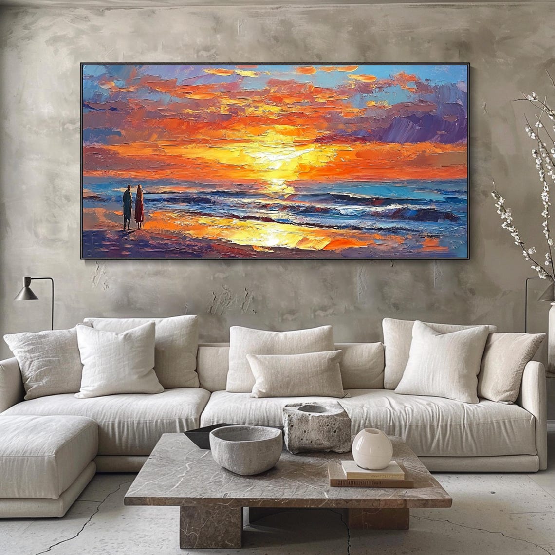 Romantic Couple Beach Sunset Golden Ocean Waves Impasto Wall Art - Image 4