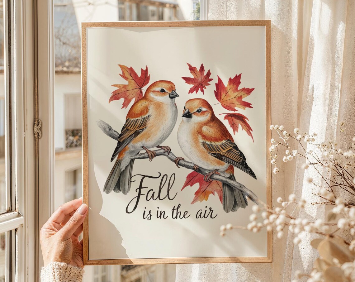 Fall Is In The Air Watercolor Birds and Maple Leaves Autumn Poster - Image 4