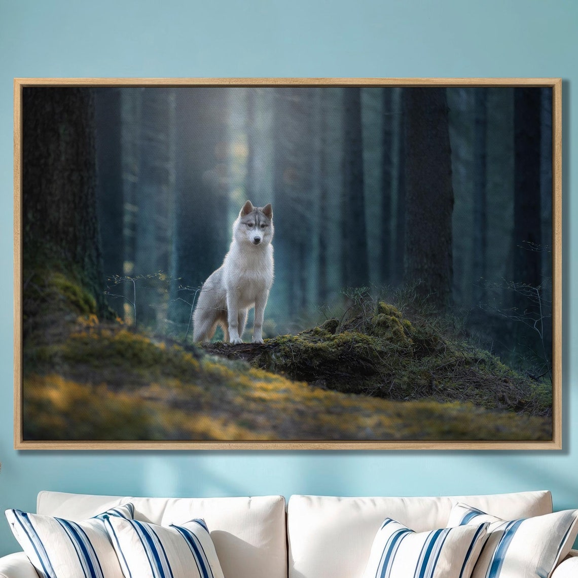 White Siberian Husky Standing in Misty Forest Wildlife Poster