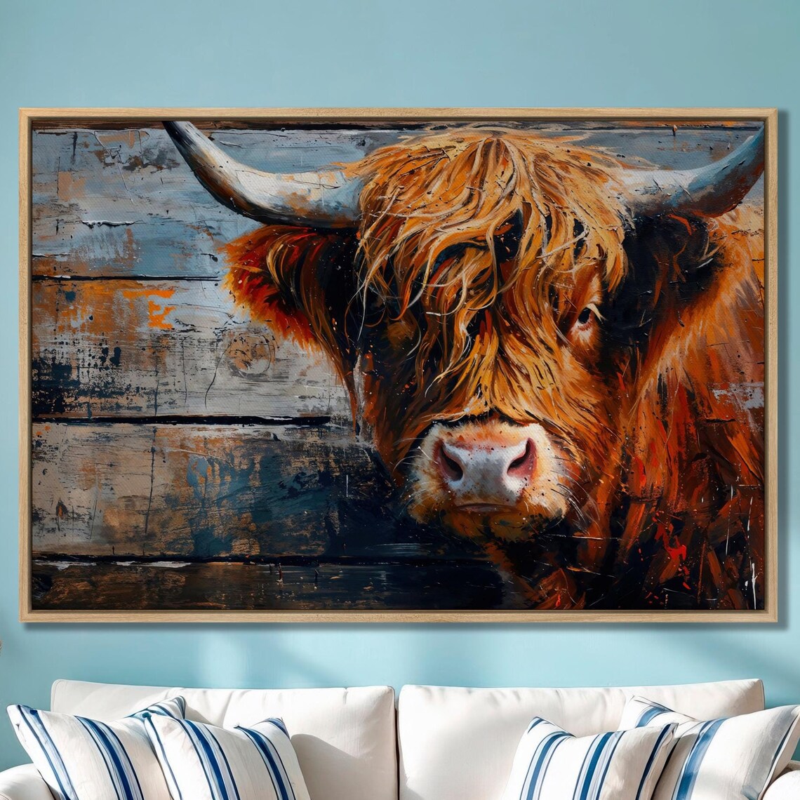 Highland Cow Portrait Against Rustic Wood Wall Farmhouse Art Poster