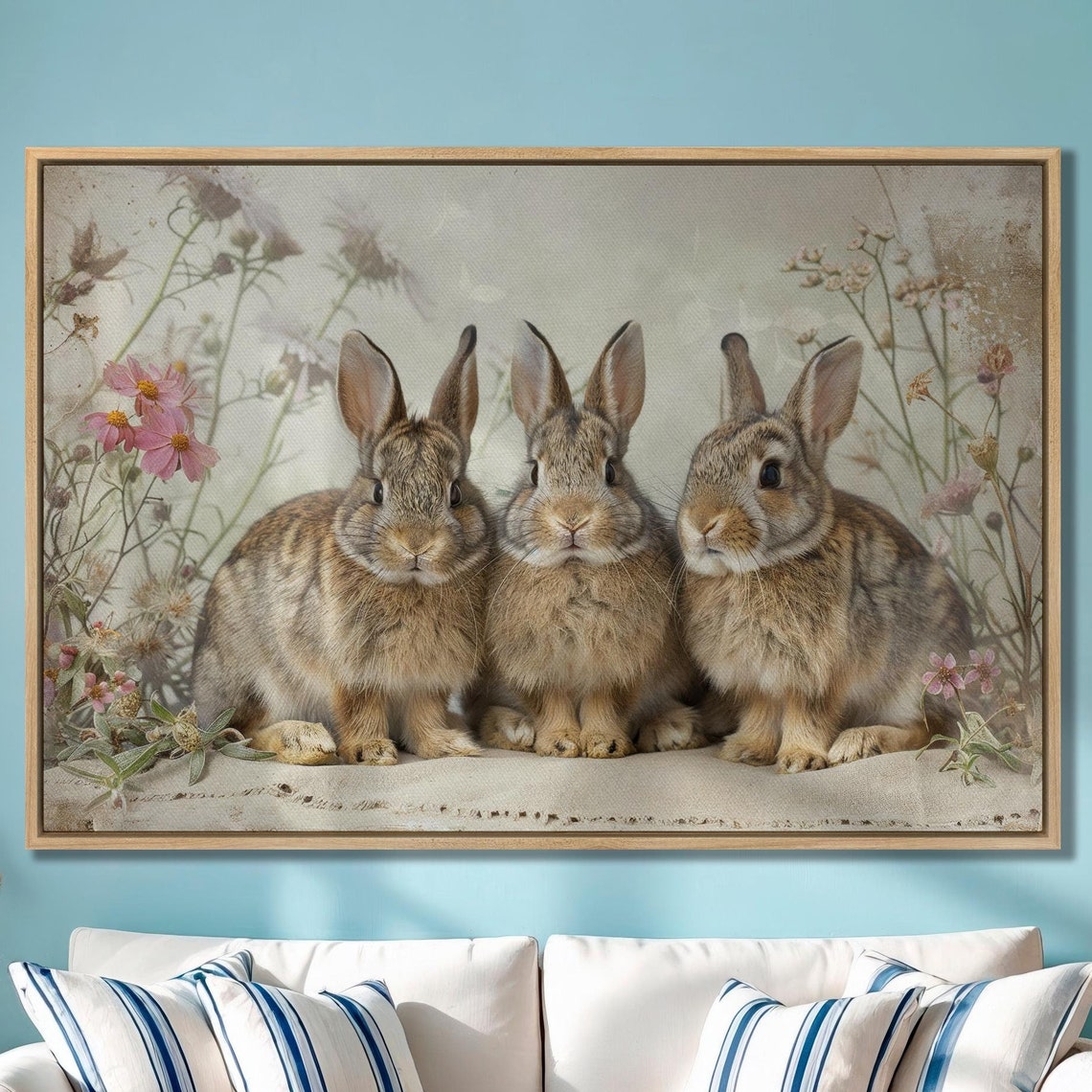 Three Fluffy Baby Bunnies Sitting Among Spring Wildflowers Poster