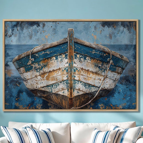Vintage Wooden Boat Wall Art Nautical White Blue Rowboat Print Rustic Peeling Paint On Vessels Decor Fisherman Gift Ready To Hang