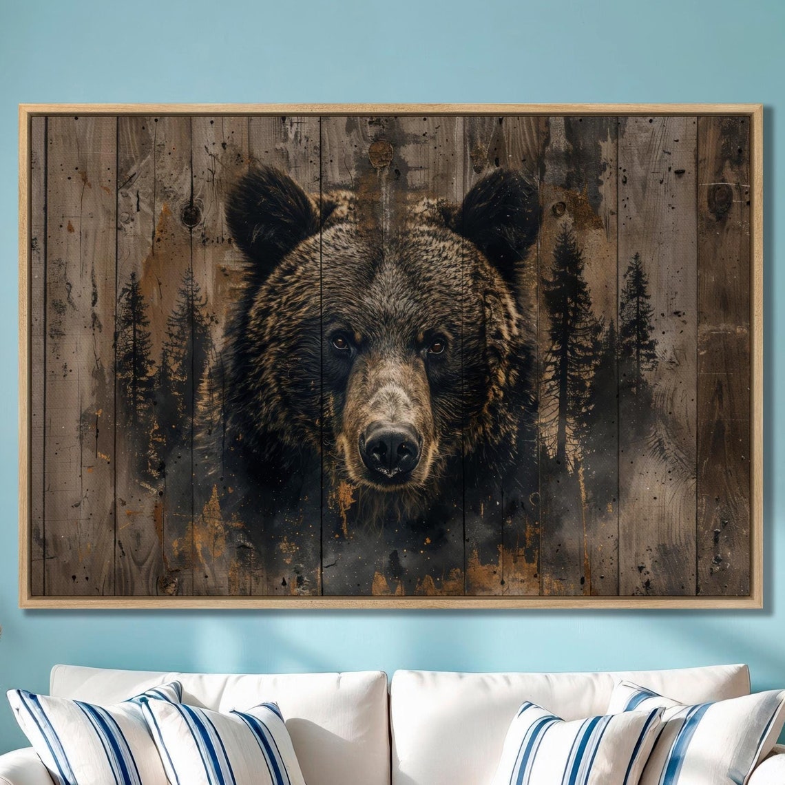 Brown Bear Face On Rustic Wood Planks Wildlife Cabin Art Poster