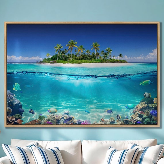 Tropical Island And Coral Reef Bedroom Wall Decor Split View With Waterline Beach Large Wall Art Palm Tree Tropical Beach