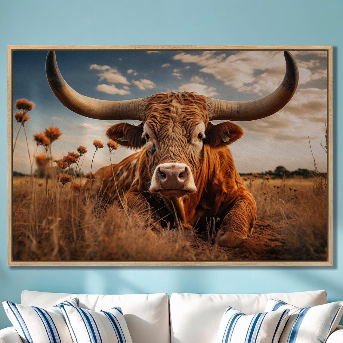 Texas Longhorn Cow Art Print, Rustic Farmhouse