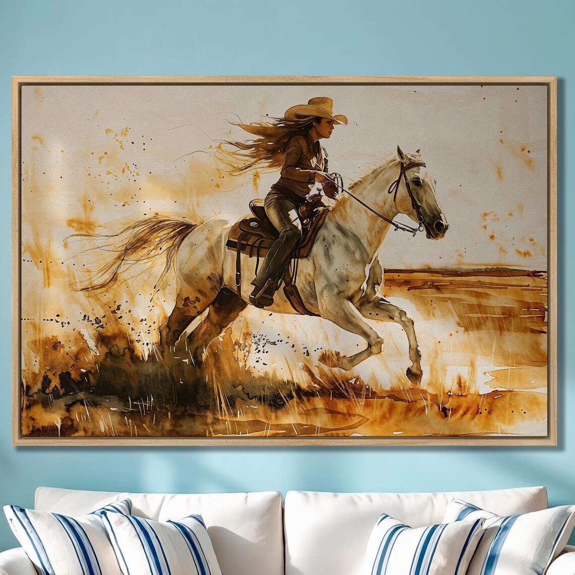 Cowgirl Galloping White Horse Across Prairie Watercolor Poster
