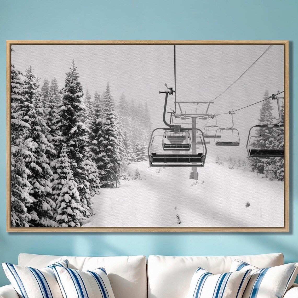 Ski Lift Chairs Snowy Pines Black And White Winter Photo Wall Art