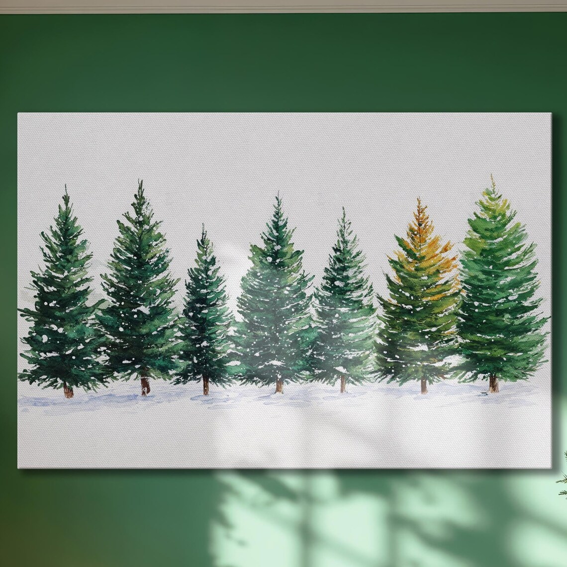Snowy Pine Forest Watercolor Row of Evergreens With Golden Tree Poster