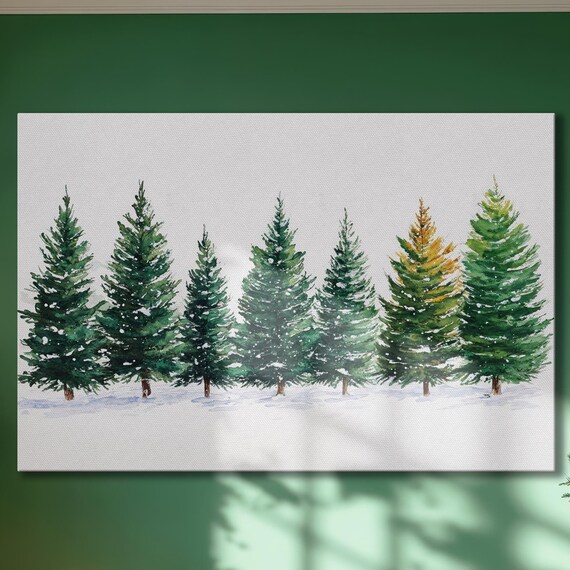 Snowy Pine Forest Watercolor Row of Evergreens With Golden Tree Poster