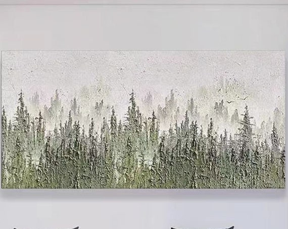 Abstract Cool Tone Nature Landscape Art On Green Forest Wall Art Hand Painted Gift For Home Decor Custom Texture Rectangle Artwork
