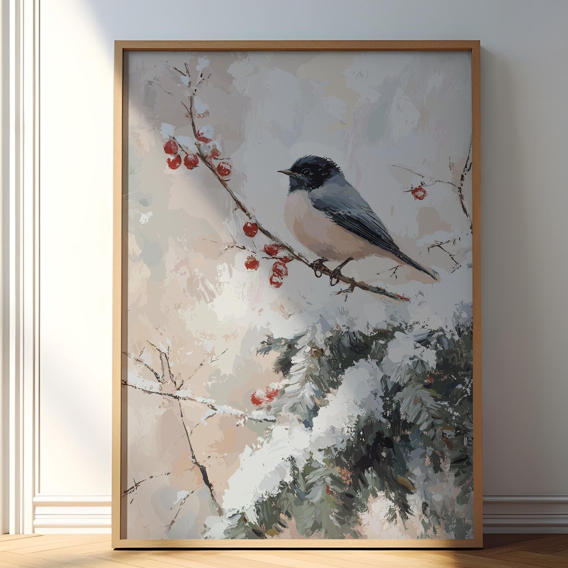 Winter Bird Print Christmas Decor Snowy Winter Vintage Painting Xmas Wall Art Farmhouse Christmas Holiday Art Xmas Decor