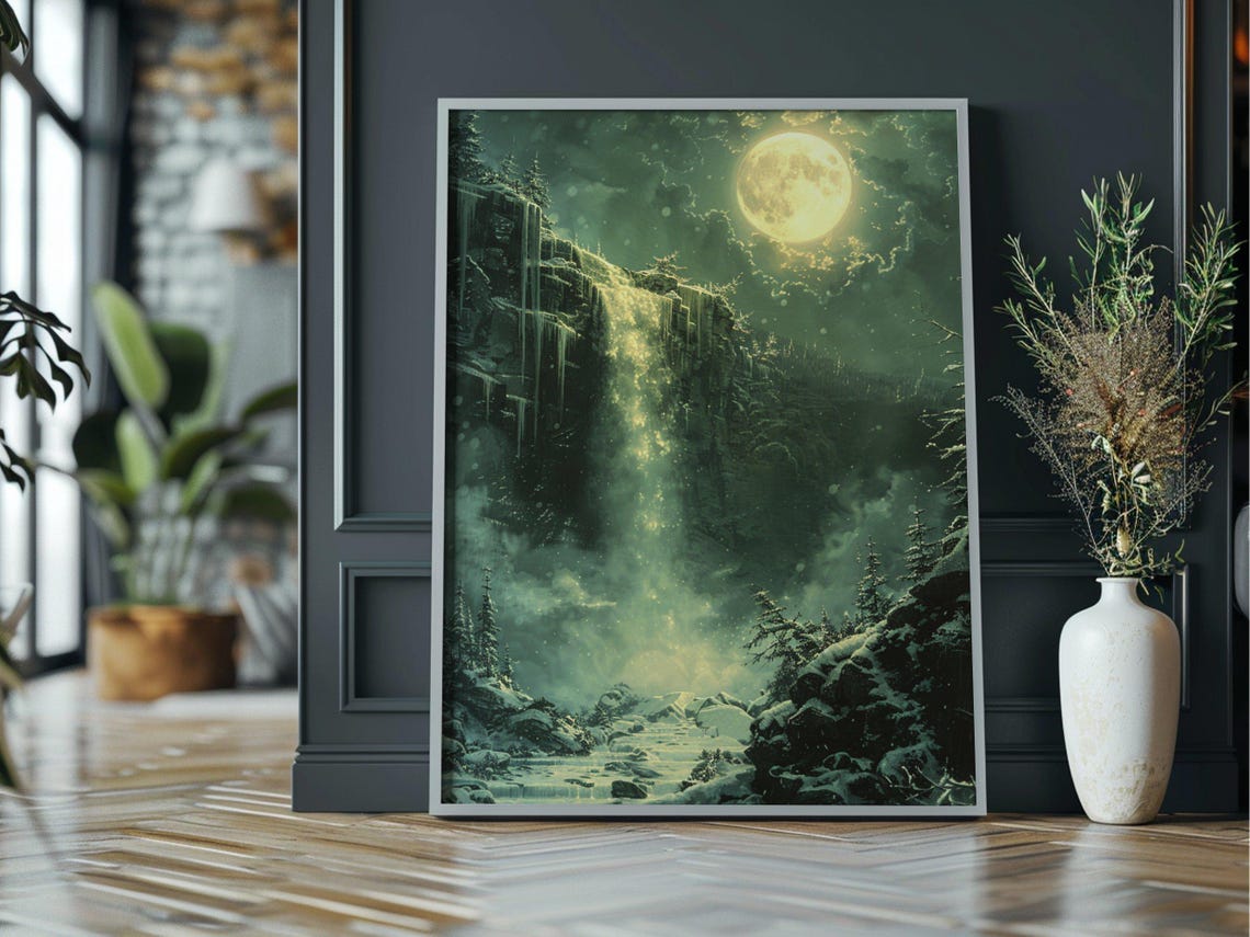 Dark Academia Moonlit Winter Waterfall Full Moon Moody Forest Poster - Image 3