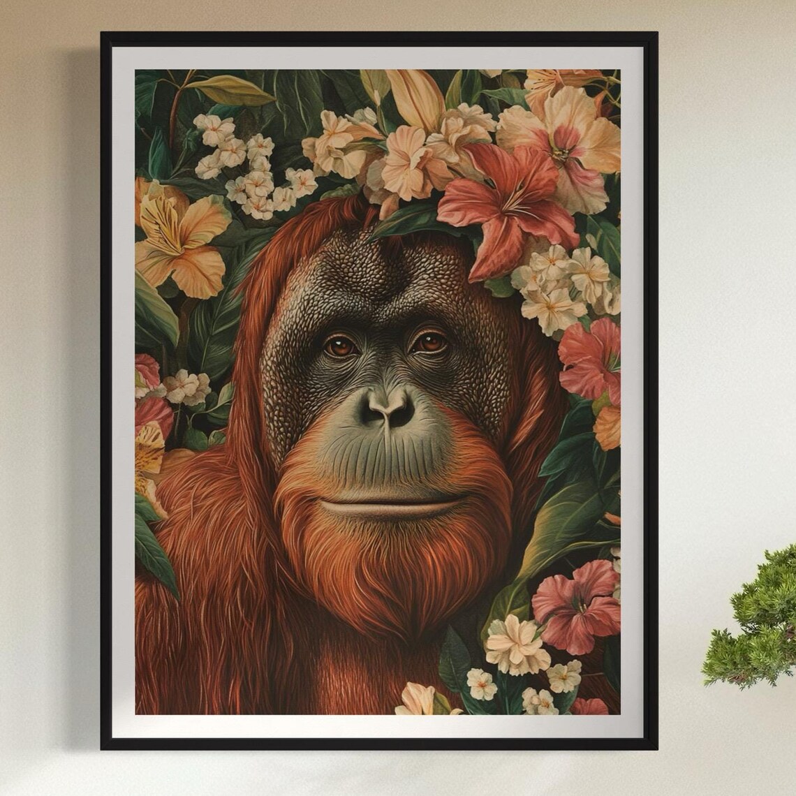 Orangutan Face Red Fur Tropical Flowers Jungle Wildlife Poster - Image 4