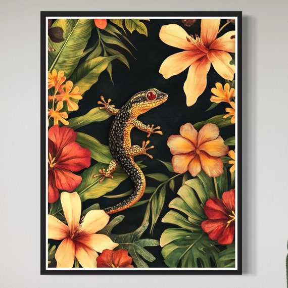 Gecko Art Print Vintage Modern Style Tropical Leaves Artwork Flower Drawing Wildlife Nature Inspired Decor Reptile Lovers Gift For Home
