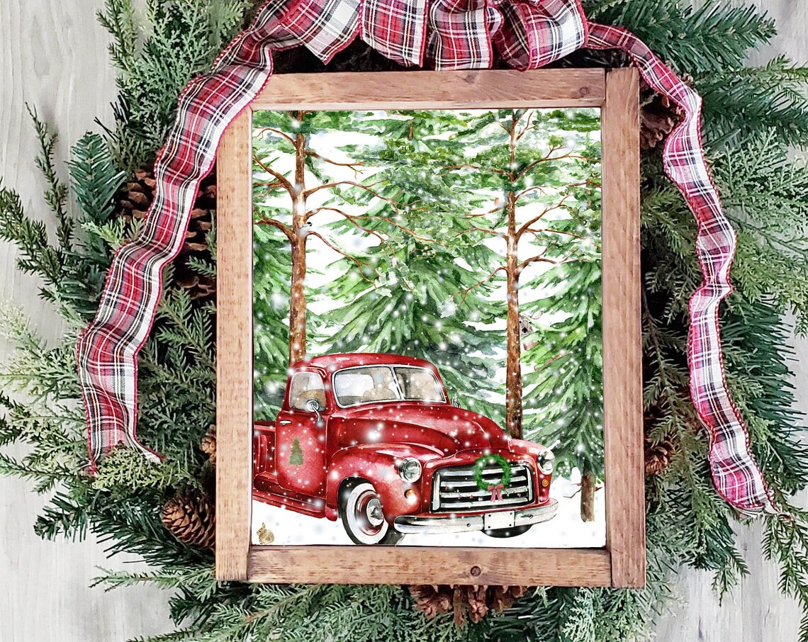 Red Vintage Truck in Snowy Pine Forest Christmas Holiday Wall Art