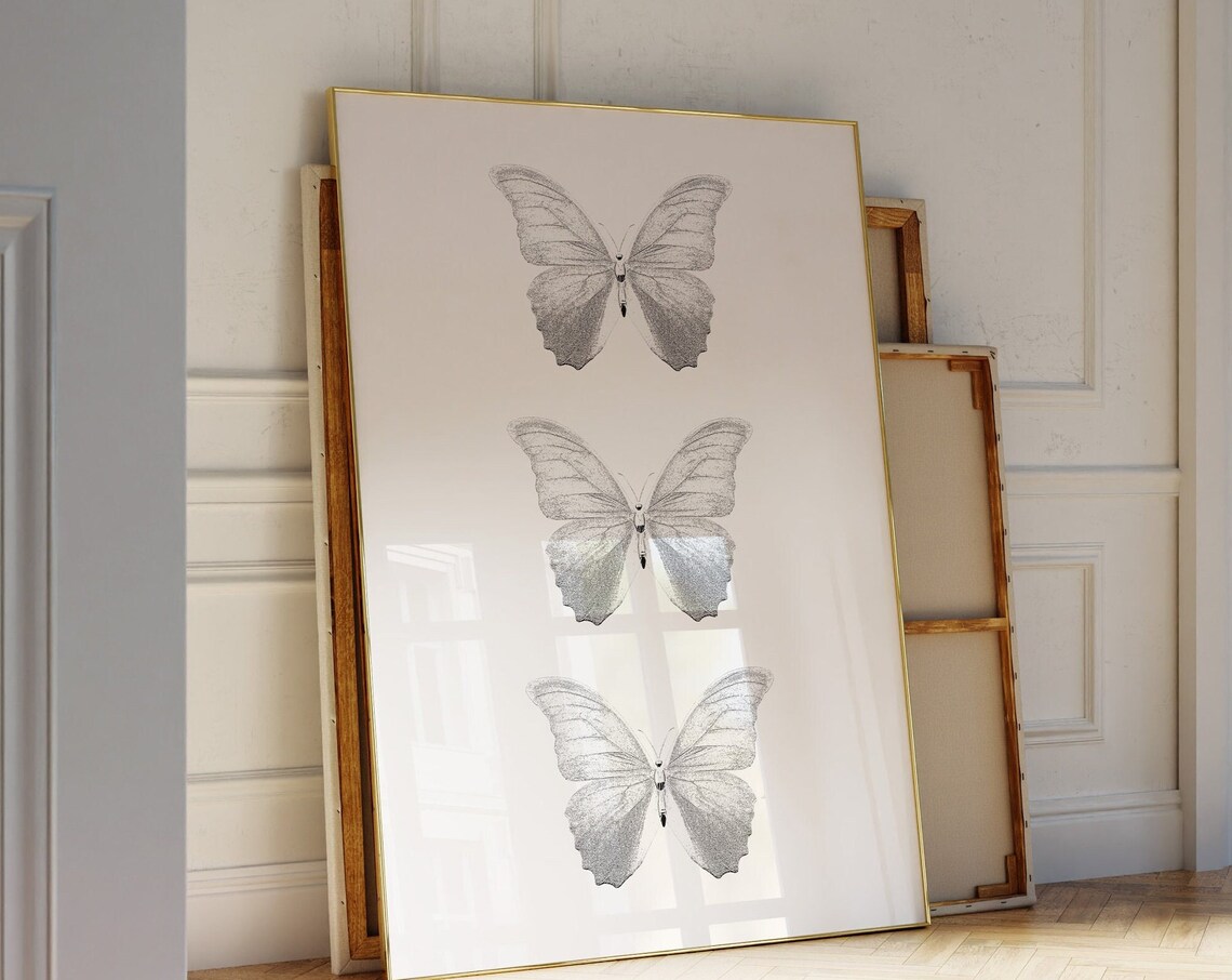 Gray Butterfly Trio Vintage Style Minimalist Insect Wall Art - Image 3