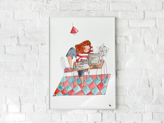 Girl Working at Desk With Cat on Keyboard Funny Home Office Art Poster