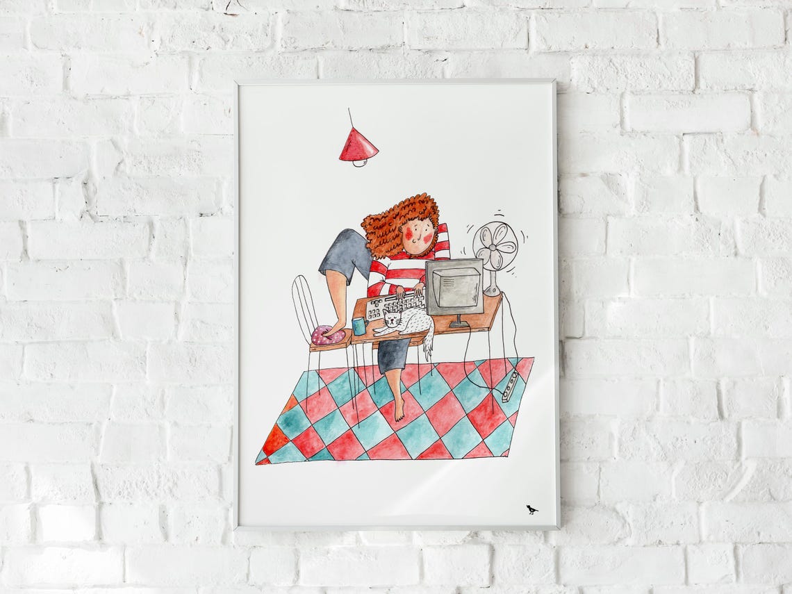 Girl Working at Desk With Cat on Keyboard Funny Home Office Art Poster