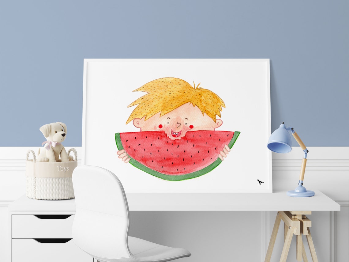 Funny Boy With Watermelon Fine Art Print Watercolor Illustration - Image 2