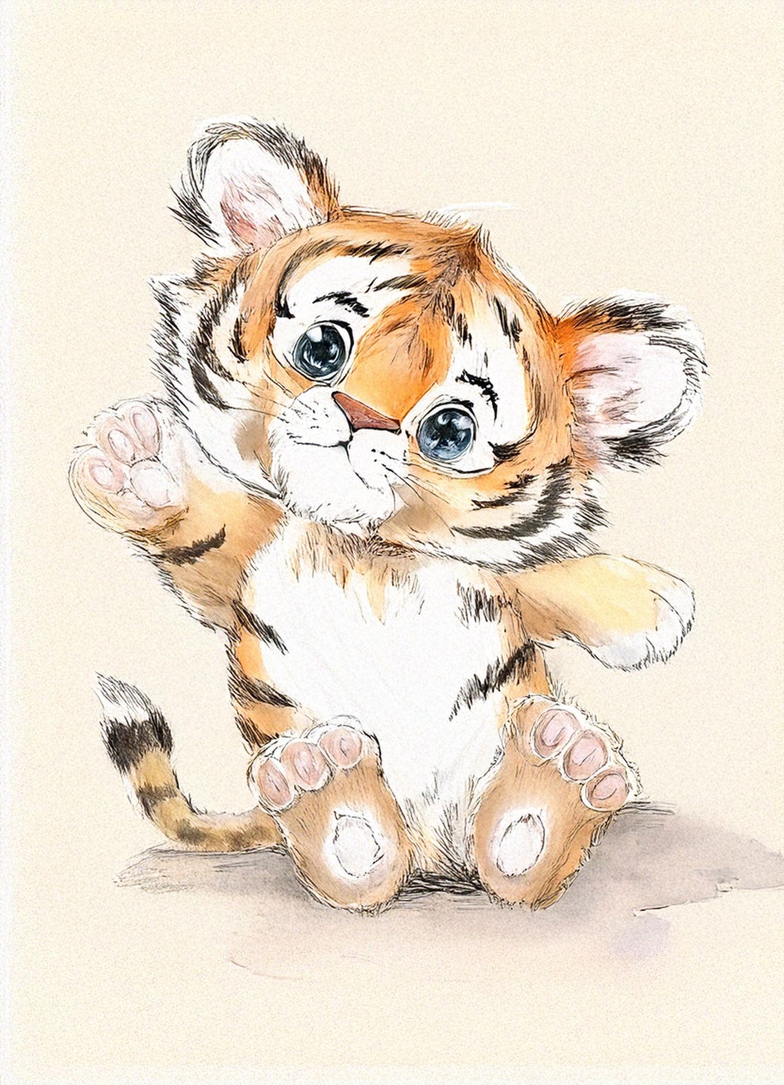 Cute Watercolor Tiger Cub With Big Blue Eyes Nursery Decor Poster - Image 2