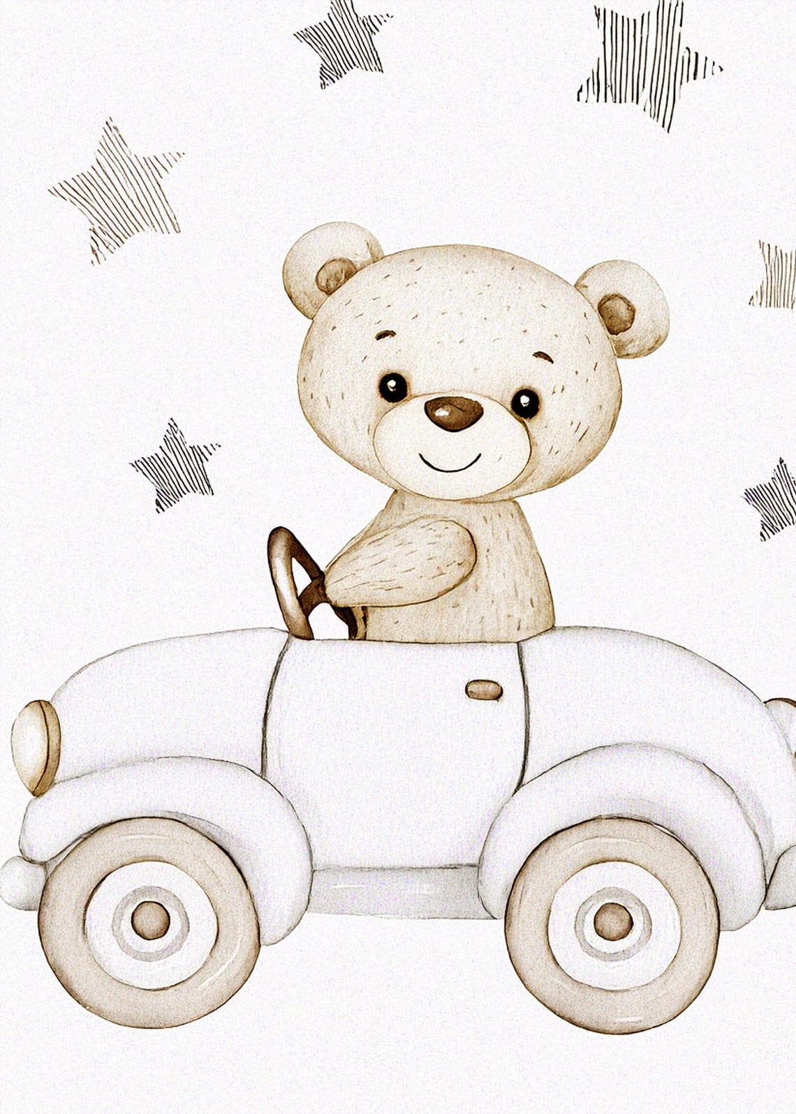 Teddy Bear Driving Vintage Car Stars Nursery Kids Room Poster - Image 2
