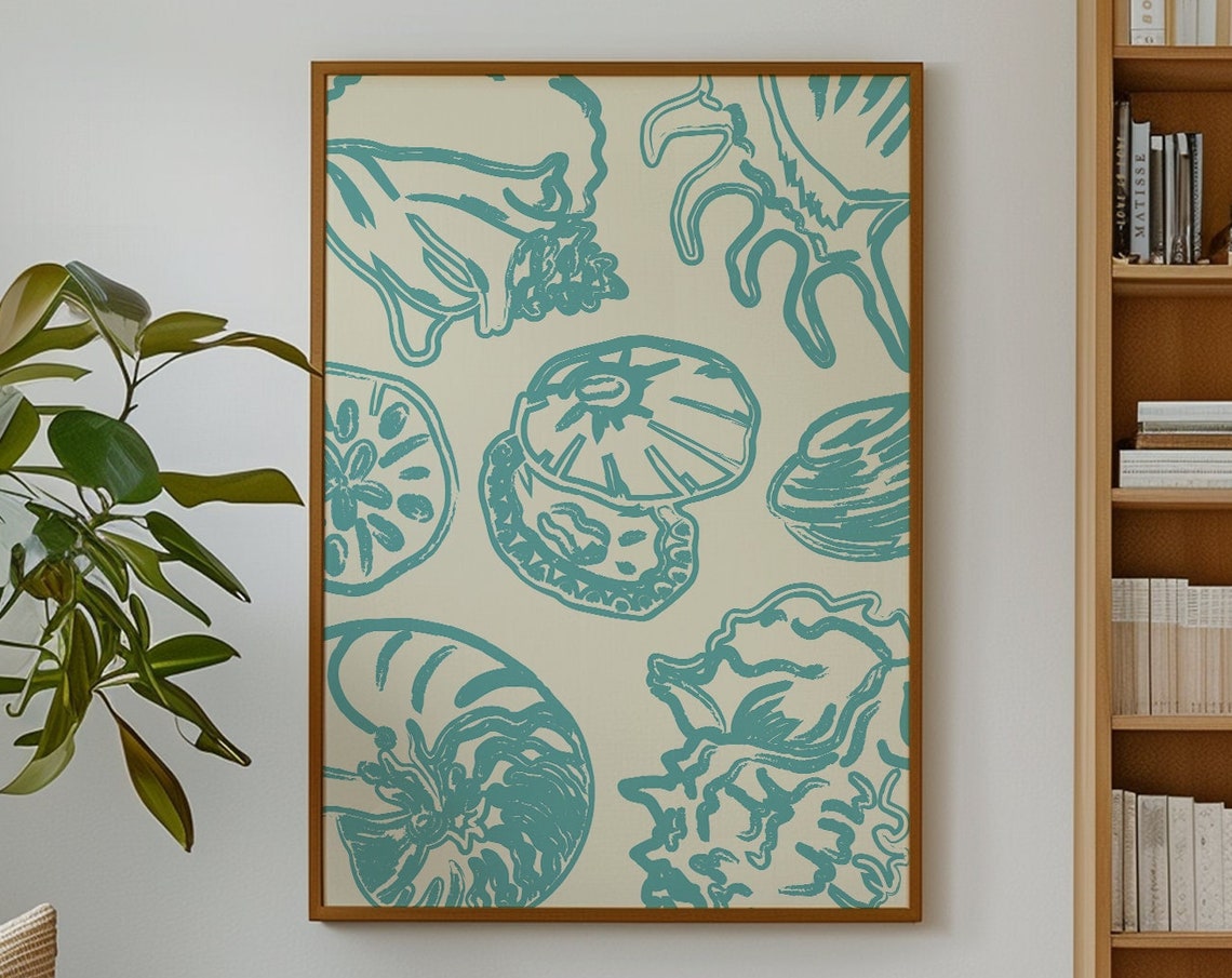 Teal Seashell Line Art Pattern Cream Coastal Beach House Wall Poster