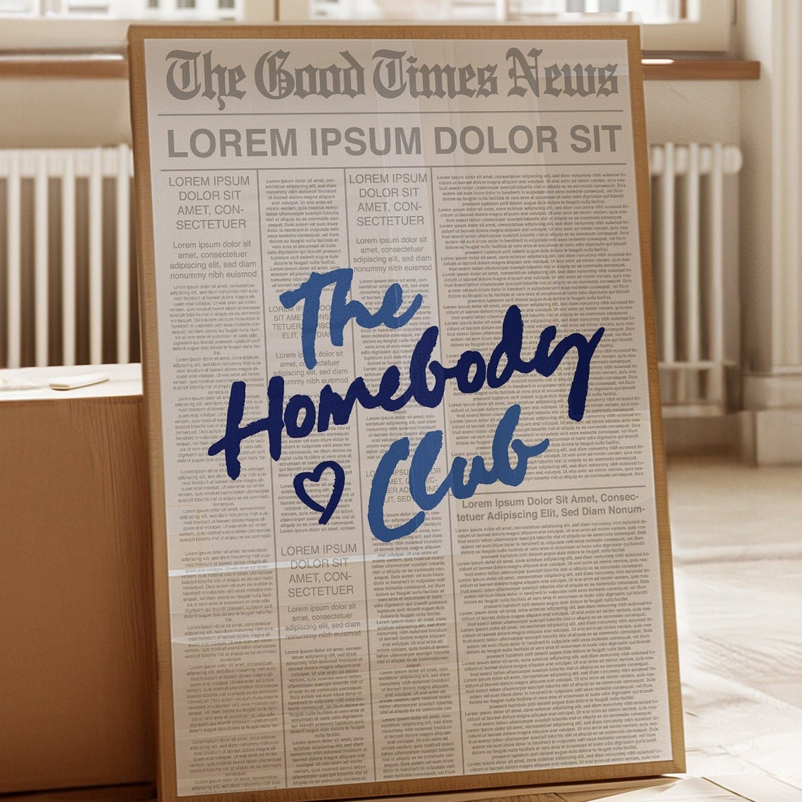 The Homebody Club Blue Script Newspaper Print Cozy Home Wall Poster