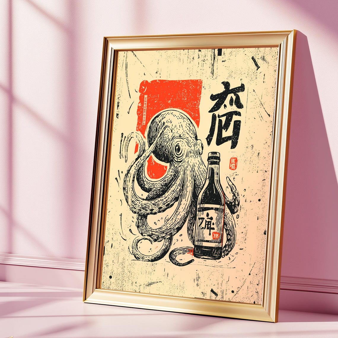 Octopus Holding Sake Bottle Vintage Japanese Bar Scene Art Poster